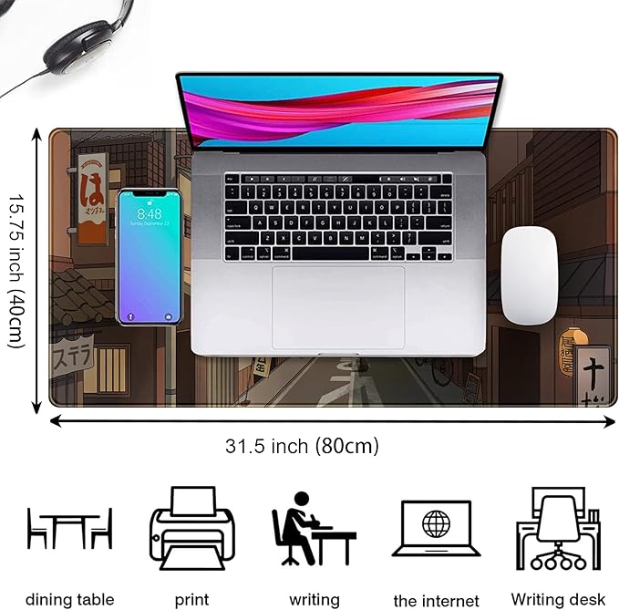 Tokyo Street at Night Kawaii Japanese XL Mouse Pad, Cute Gaming Desk Pads, Anime Large Desktop Mat, XXL Keyboard Mats, Extended Laptop Mat 31.5''X15.7''