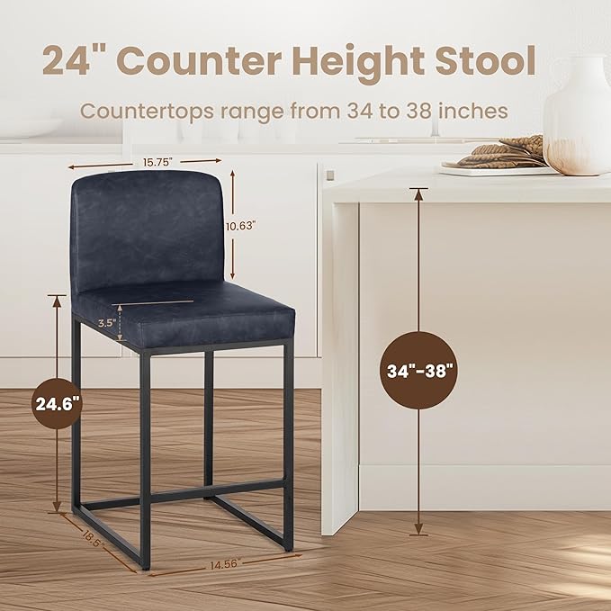 PHI VILLA Bar Stools - Counter Height Bar Stool Faux Leather Barstools with Back, 24" Bar Chairs