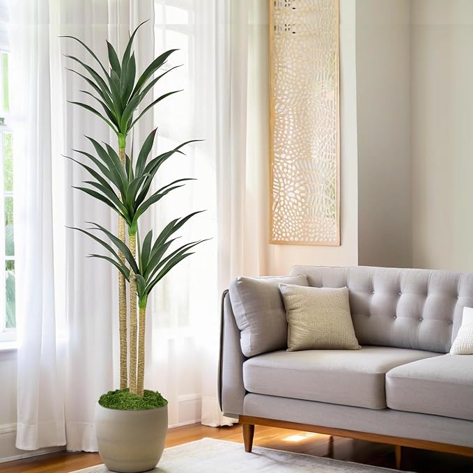 5ft Faux Agave Plant Artificial Tree with 45 Leaves and 3 Large Realistic Trunks,Fake Floor Potted Artificial Tall Plants for Home Office Garden Decor Indoor (5Feet,1Pack)
