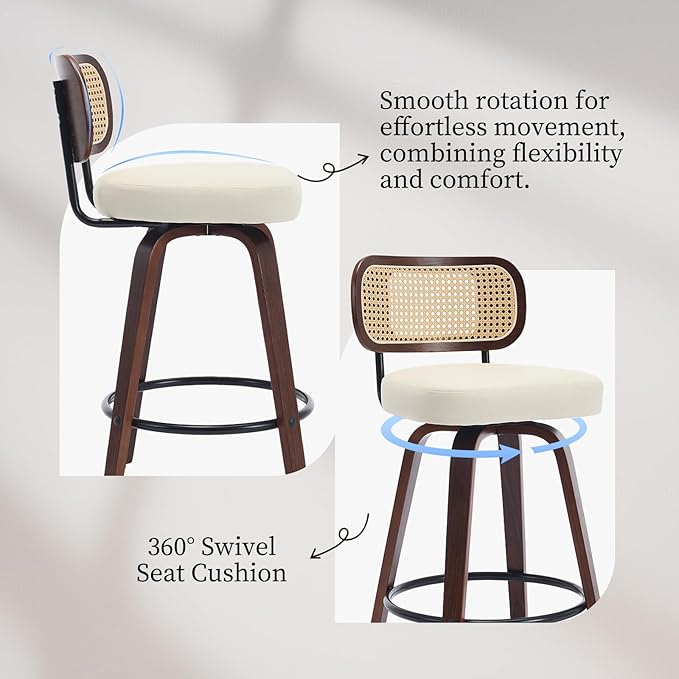 Swivel Counter Height Bar Stools Set of 2, 26 inch Bar Chairs with Curved Rattan Back, Upholstered PU Leather, Walnut Craftsmanship, Mid Century Modern Counter Stools for Kitchen Counter, Beige