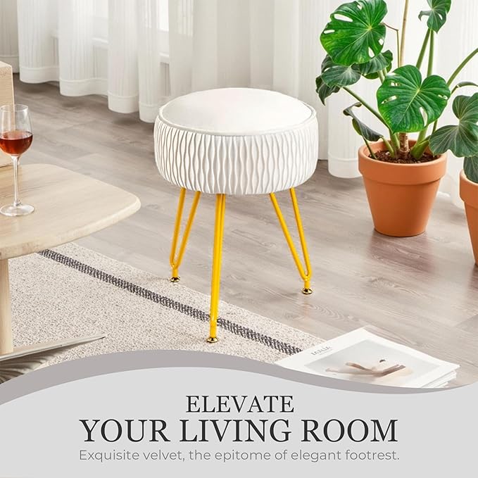 Velvet Vanity Stool Footrests, Round Ottoman Vanity Chairs with Anti-Slip Feet, Dressing Table Seat Foot Stool with Black Legs, Furry Padded Seat Side Table for Makeup Bedroom(White, Golden)