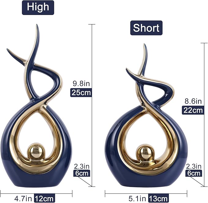 Gold Blue Modern Sculpture Table Decorations, Ceramic Knick Knacks Statues for Living Room Decor, Tv Stand and Desk Decor, Suitable for Coffee Tables and Shelf Decorations, Great Gift Idea