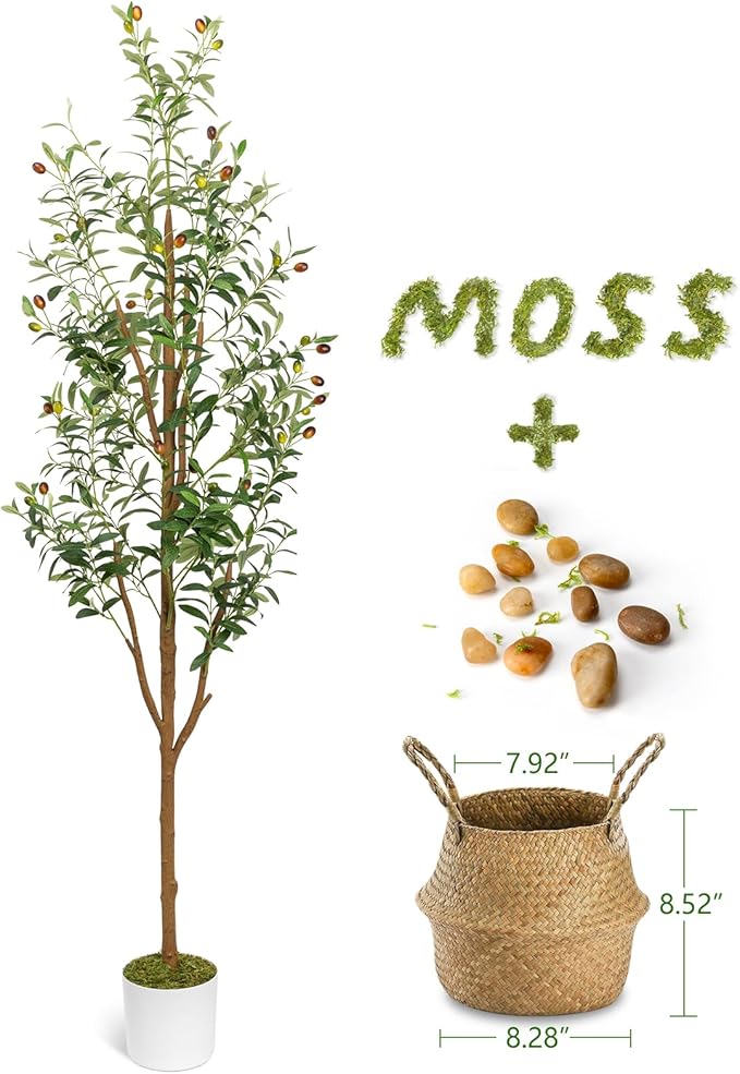 6FT Artificial Olive Tree - Indoor Tall Faux Olive Trees with Planter&Basket, Large Fake Olive Silk Tree Realistic Olive Plants with Branches and Fruits for Home Decor Office Living Room