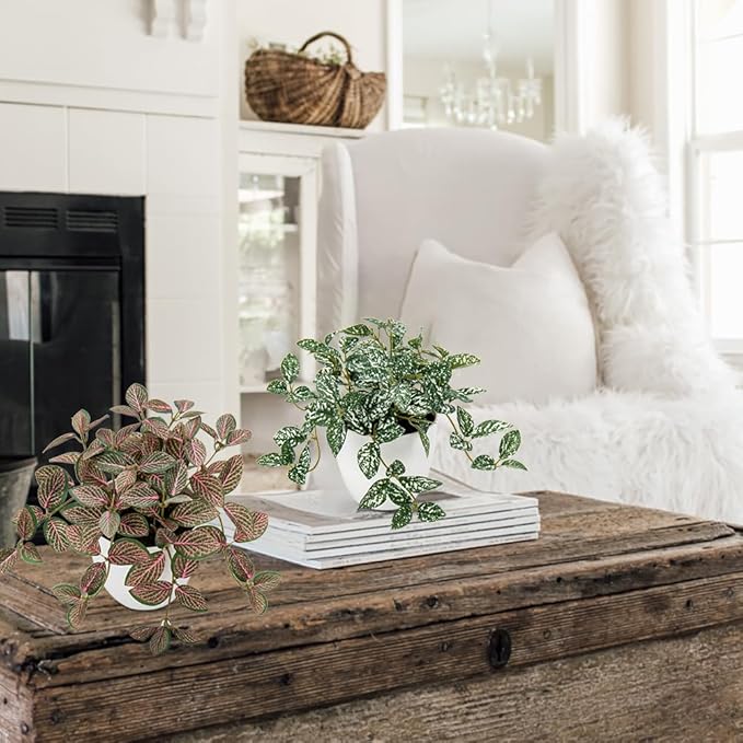 Hollyone Fake Plants 2 Packs Artificial Plants Indoor Faux Plants with White Plastic Pot Small Fake Potted Plant for Home Aesthetic Living Room Bathroom Desk Shelf Office Decor