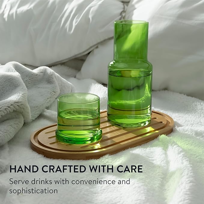 Elixir Glassware Bedside Water Carafe and Glass Set with Integrated Cup - Water or Mouthwash Dispenser for Nighstand or Bathroom - Handblown Glass Pitcher with Tumbler - Green