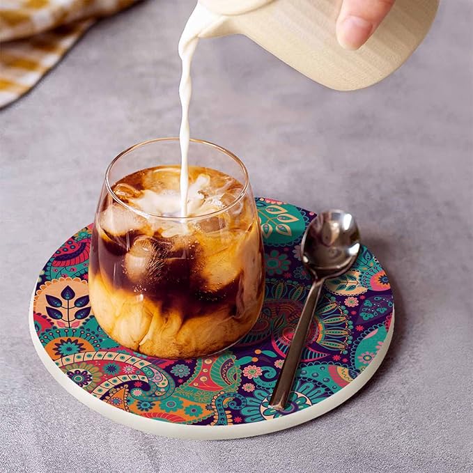 Colorful Floral Coasters for Drinks Exotic Paisley Curly Ethnic Fantastic Artistic Stylized Flowers for Tabletop Protection Coffee Table Living Room Kitchen Office Home Decor 2 Pcs,4 Inch