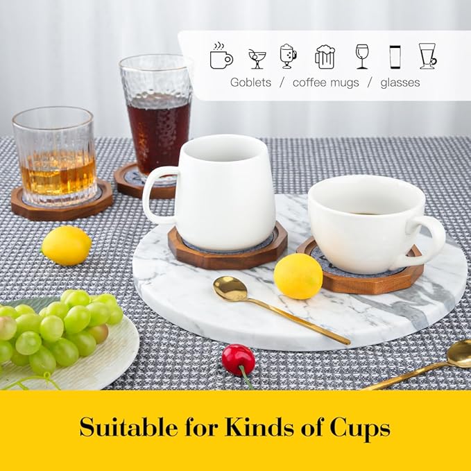 Wood Coasters for Drinks Absorbent with Lip, 4.3 Inch Acacia Wood Grey Felt Coaster with Holder for Wooden Coffee Table for Cups, Mugs, and Glasses - Set of 6
