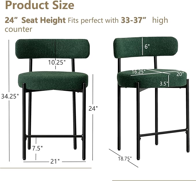 24'' Boucle Bar Stools Set of 3, Green Bar Stools with Backs, Counter Height Bar Height Stools for Kitchen Island, Upholstered Bar Chairs