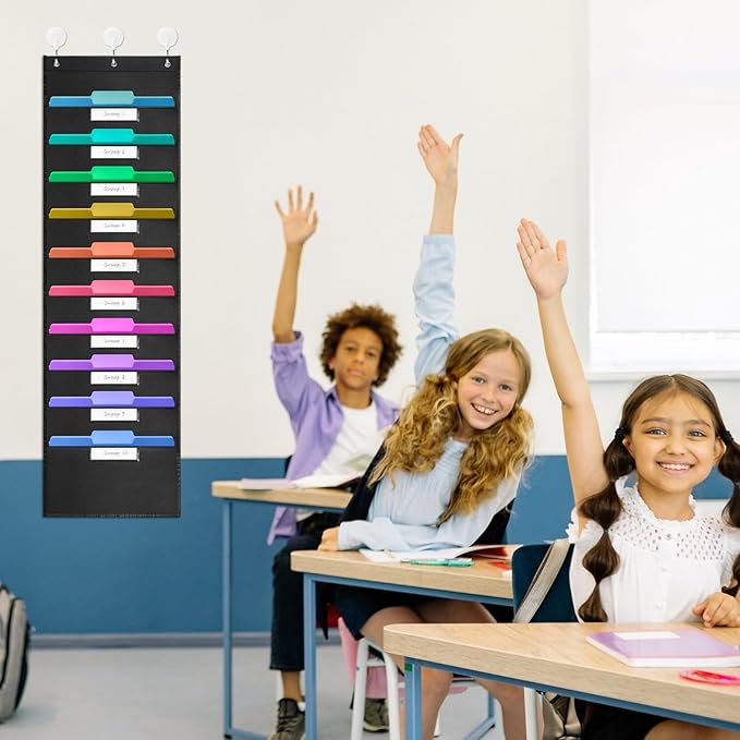 10-Pockets Hanging File Organizer with 3 Over-Door Hangers, Wall Mount Storage Chart with 10 Name Tags for Magazines, Files, Pens in Office & School