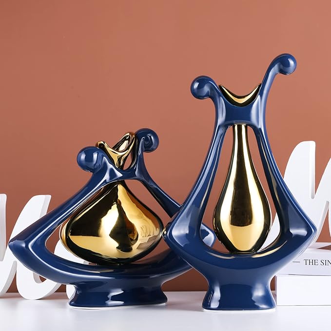 Navy Blue Gold Abstract Art Ceramic Vases for Home Décor Accent,Nordic Modern Minimalist Vases for Flowers,Shelf,Table Centerpieces,Bookshelf,Fireplace Mantle,Rustic,Wedding,Mid Century Décor