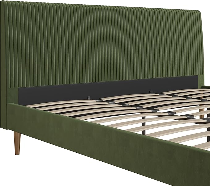 Mr. Kate Daphne Upholstered Bed with Vertical Channel Tufted Headboard, King, Olive Green Velvet