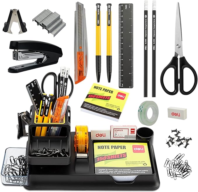 deli Black Office Supplies for Desk, 17Pcs Desk Organizers and Accessories with 4 Pens,Tape Dispenser,Stapler,Staples,Staple Remover,Pen Holder,Scissor,Ruler,Eraser,Note Pad,Cutter,Clips Set