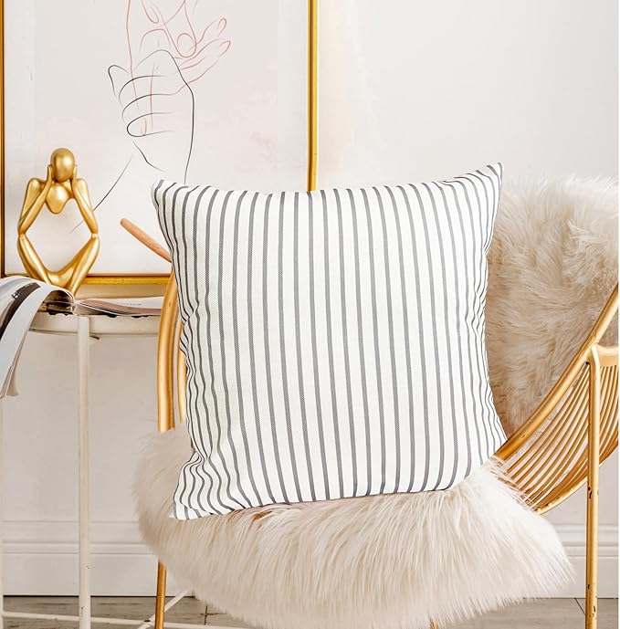 Decorative Throw Pillow Covers Set of 2 Light Gray Striped Pillow Covers 16x16 Inch Throw Pillow Cover Linen Pillowcase Modern Farmhouse Outdoor Pillow Covers for Couch Sofa Living Room