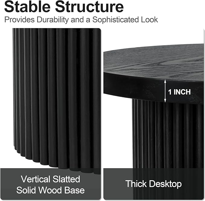 Modern Side Table, 16.93" Fluted Round Pedestal Table for Living Room, Bedroom, Entryway, Sofa, Chair – Black Accent Table with Solid Wood Strips End Table, Fully Assembled Drum Table