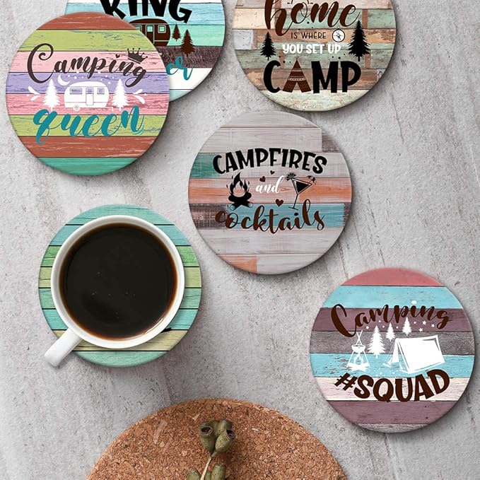Britimes Coaster for Drinks Set of 6, Wooden Summer Camping Forest Absorbent Round Ceramic Stone Mat, with Cork Base and Metal Holder, Gift for Housewarming Room Bar Decor