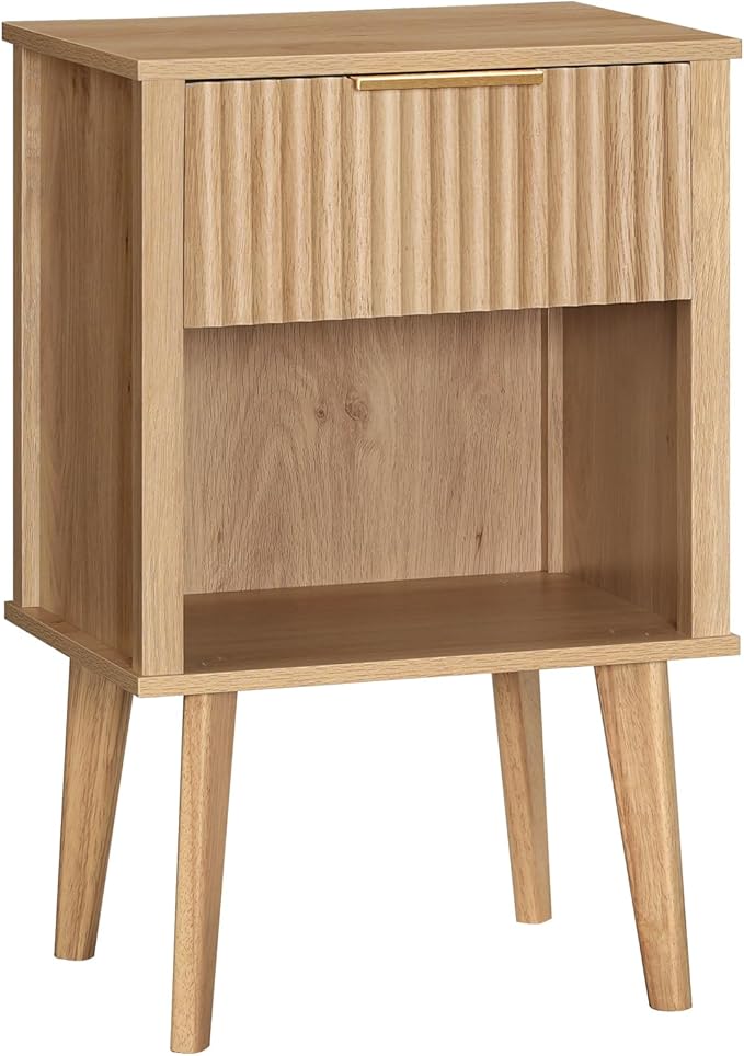 End Table, Fluted Night Stand, Modern Side Table, Bedside Table with 1 Drawer and 1 Open Compartment, Mid Century Nightstand, for Living Room, Bedroom, Study, Office, Natural ETNA6201