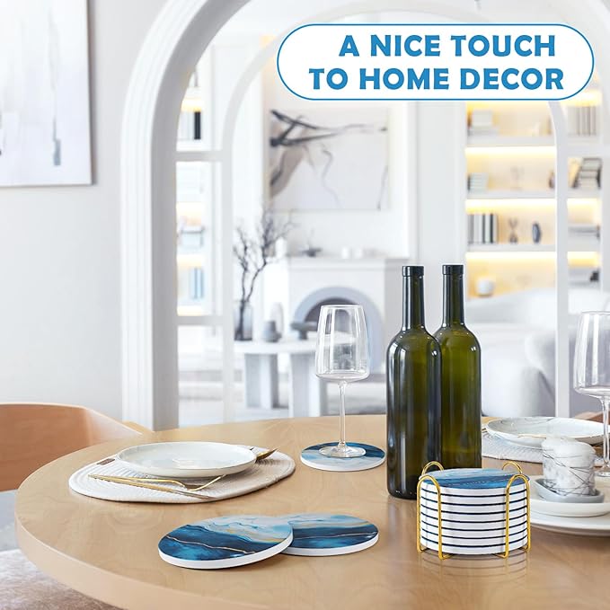 GOH DODD Coasters for Drinks Set of 8, Absorbent Marble Style Ceramic Coaster Tabletop Protection Home Decor with Metal Holder for Coffee Table, Housewarming Gifts Wedding Party, Blue, Round, 4 Inches