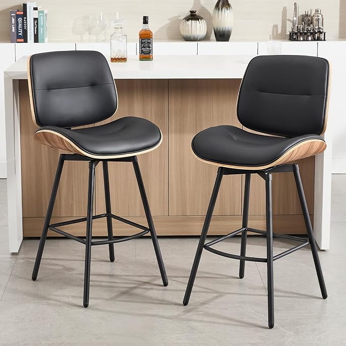 Mid Century Modern Counter Stools Set of 2, 27" Swivel Bar Stools with Metal Legs, Faux Leather Upholstered Bar Chairs with Footrest for Kitchen Island & Dining Tables, Black