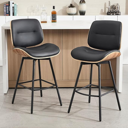 Mid Century Modern Counter Stools Set of 2, 27" Swivel Bar Stools with Metal Legs, Faux Leather Upholstered Bar Chairs with Footrest for Kitchen Island & Dining Tables, Black