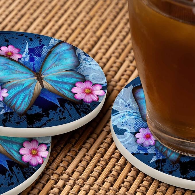 Beautiful Butterfly Table Coasters for Drinks Vintage Splash Ink Floral Pink Bloom 100% Diatomite Home and Dining Room Bar Decor 4 X 4 X 0.35 Inch for Men Women