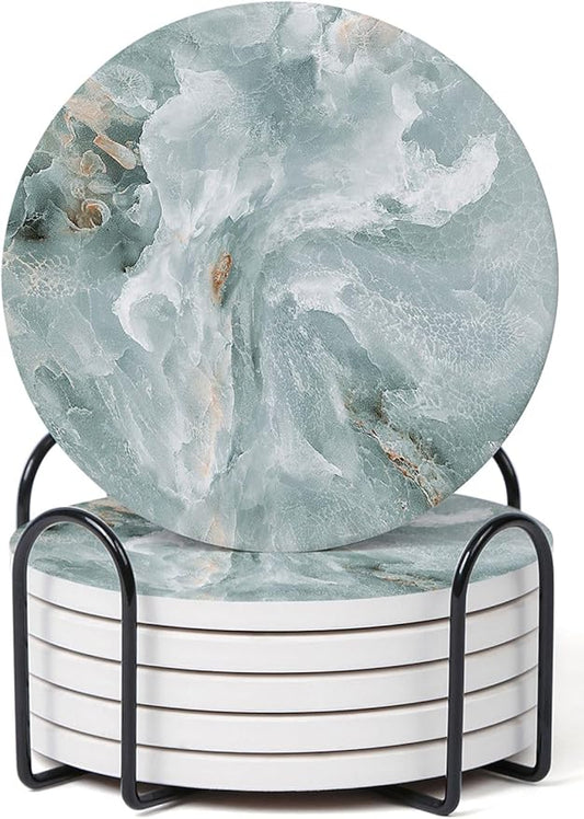 Set of 6 Abstract Marble Coasters with Holder, Absorbent Ceramic Coasters for Drinks, Coasters with Cork Backing for Table Protection, Housewarming Gifts for New Home
