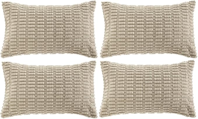 Fancy Homi 4 Packs Taupe Decorative Throw Pillow Covers 12x24 Inch for Living Room Couch Bed, Rustic Modern Farmhouse Boho Home Decor, Soft Plush Corduroy Cute Square Accent Cushion Case 30x60 cm