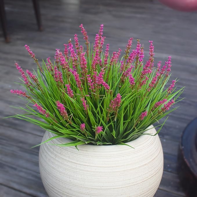 Artificial Plants Outdoor 12 Bundles Fake Monkey Grass Fade Resistant Plastic Faux Flowers Look Real for Porch Patio Home Garden Pot Decor (12 Bundles Pink Monkey Grasses)