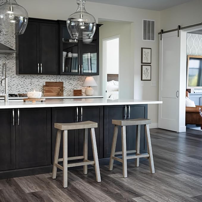 Maven Lane Kitchen Bar Stool, Modern Farmhouse Wood Counter Barstool, Kitchen Island Stool, Counter Height Bar Stools for Kitchen, Wide Seat Backless Bar Stools, Vincent 26", Antiqued Grey, Set of 3