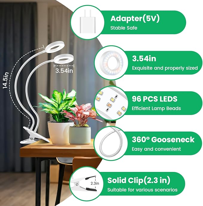 Wiaxulay Grow Lights for Indoor Plants, 96 LED Full Spectrum Halo Plant Grow Light with Clamp, Clip on Grow Lamp with Auto Timer 6/12/16 Hrs, 3 Lighting Mode, 5 Brightness, Two Head, White (3.5in)
