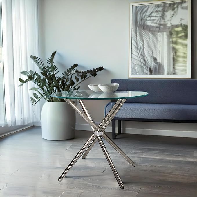 Fab Glass and Mirror 30" Flat Round Hydra Dining Table – Clear 1/2-Inch Thick Glass Top with Chrome Finish Base – Elegant Dining Table for Kitchen or Dining Room
