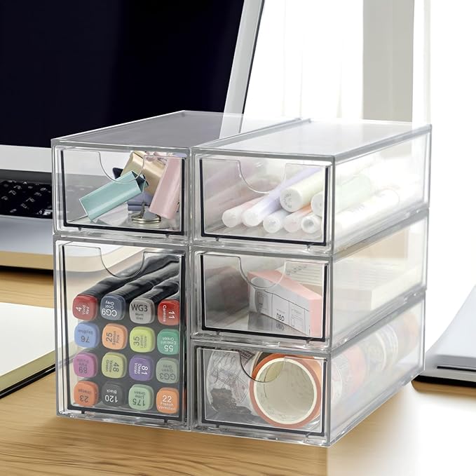 Acrylic Makeup Organizer, Clear Storage Organizer Desktop Stackable Storage Drawers, Plastic Organizer Bins for Makeup, Stationery, Cosmetics, Vanity, Bathroom,Cabinet,Pantry Office Desk (5 Drawers)