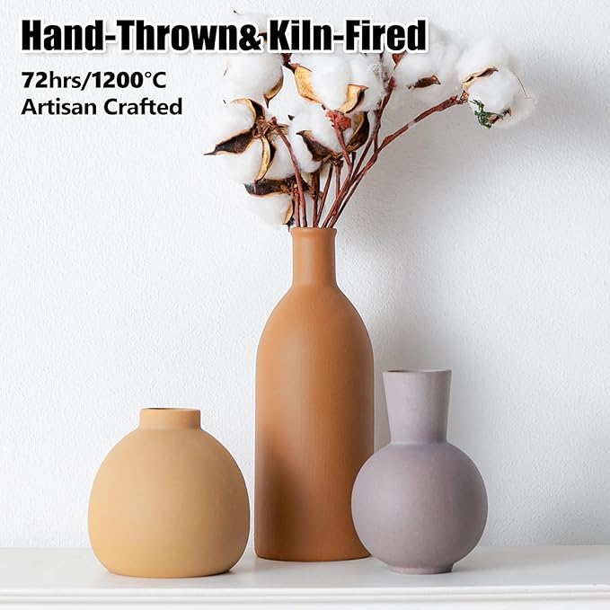 Ceramic Flower Vase Set of 3, Home Decor Vases for Centerpieces, Tulips Flowers Pampas Grass Decor, Boho Rustic Farmhouse Kitchen Bedroom Bathroom Living Room Office Wall Decor Aesthetic -Brown