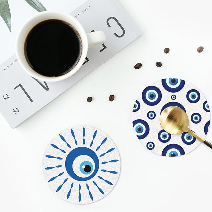 Greek Evil Eye Devil Eyes Coasters Set of 6 Coasters for Drinks Absorbent Double-Sided Leather PVC Coaster for Tabletop Protection Coffee Table Decor Ideal for Home Decor House Warming Gifts