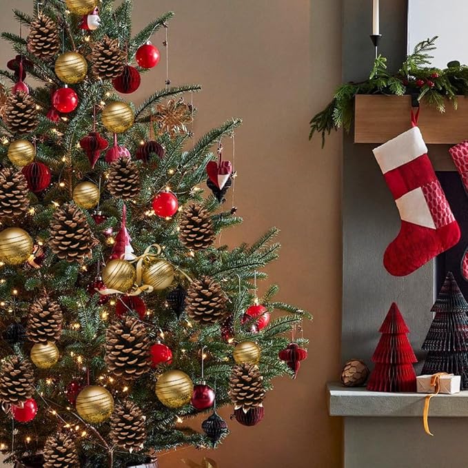 Qingbei Rina Bowl Fillers Vase Fillers, Natural Pinecones for Crafts,Medium Rustic Pine Cone Ornaments with Golden Balls&Berries, Holidays Farmhouse Home Decor