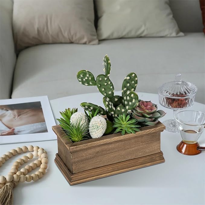 Fake Cactus Plant Small Succulents Plants Artificial Succulents in Wooden Pots Realistic Faux Succulent for Home Decor Office Table Centerpieces Rustic Farmhouse