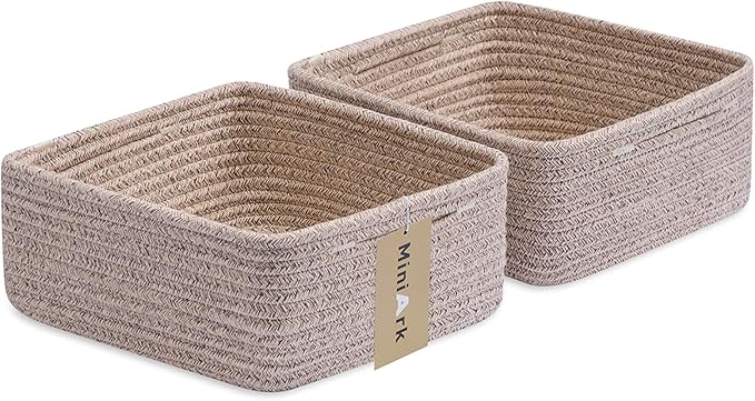 Small Square Shallow Baskets for Organizing, 9.7x9.7x4.3 Inch Rope Woven Storage Bins for Cubes Closet, Shelves Storage, Boho Decorative Basket, 2 Packs Mixed Brown