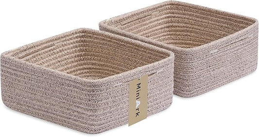 Small Square Shallow Baskets for Organizing, 9.7x9.7x4.3 Inch Rope Woven Storage Bins for Cubes Closet, Shelves Storage, Boho Decorative Basket, 2 Packs Mixed Brown