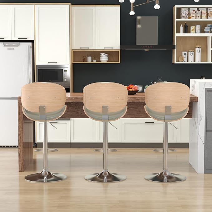 KCC Bar Stools Set of 2, Swivel Adjustable Height Barstools, PU Leather Upholstered Bar Chairs with Footrest, Bentwood Bar Stool for Kitchen, Bar, Dining Room(Grey PU)