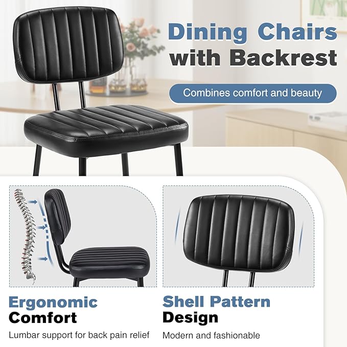DUMOS Dining Chairs Set of 4, Upholstered Mid-Century PU Leather Accent Chair with Backrest and Metal Legs for Kitchen, Living Room, Black