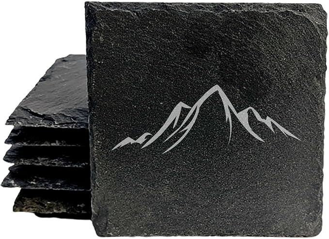 Mountain Majesty Slate Coasters with Stunning Mountain Scene Design - Perfect for Home and Office Decor and Protection of Surfaces, Available in Square or Round Coasters - Square Slate - Set of 8