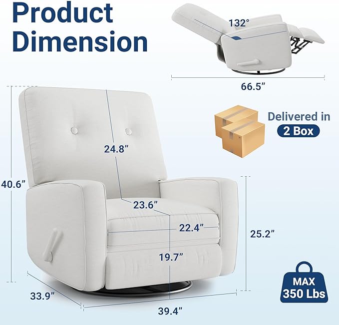 Oversized Recliner Chairs, Swivel Rocker Recline, Glider Recliner Nursery Chair, Recliner Chair for Adults, 360°Swivel Glider Rocking Chair for Living Room, Bedroom, Office, RV, Linen, White