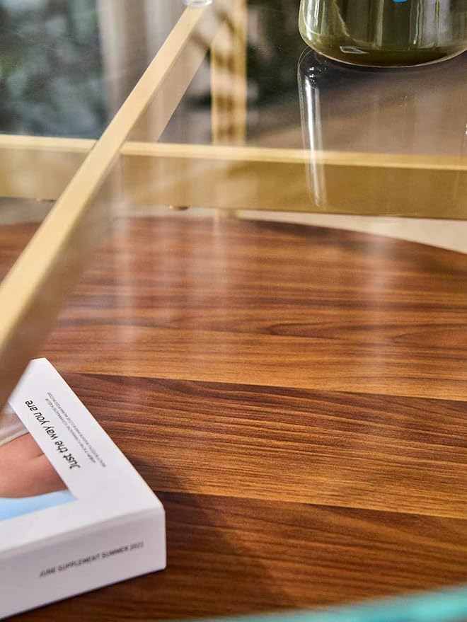 Shrine Round Glass Coffee Table, Mid-Century Modern Design, D30 x H17 in, 2-Tier Structure, Clear Glass Top and Walnut MDF Shelf, Sleek Conical Metal Legs with Gold Finish