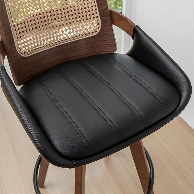 Set of 3 Counter Height Bar Stools - 26.4 inch Swivel Counter Stools with Cane Back, Upholstered Seat, Curved Arms, Rattan CounterStools for Island/Pub/Kitchen/Cafe (26" Seat Height, Black)