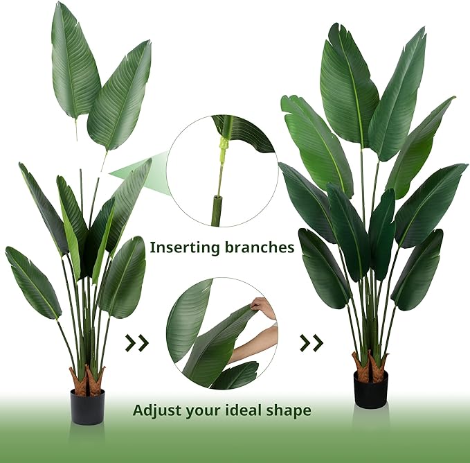Artificial Bird of Paradise Plant 5 Ft Tall Fake Banana Leaf Plant for Indoors and Outdoors,Faux Palm Tree with Plastic Pot for Office and Home Decor,L1602PCS
