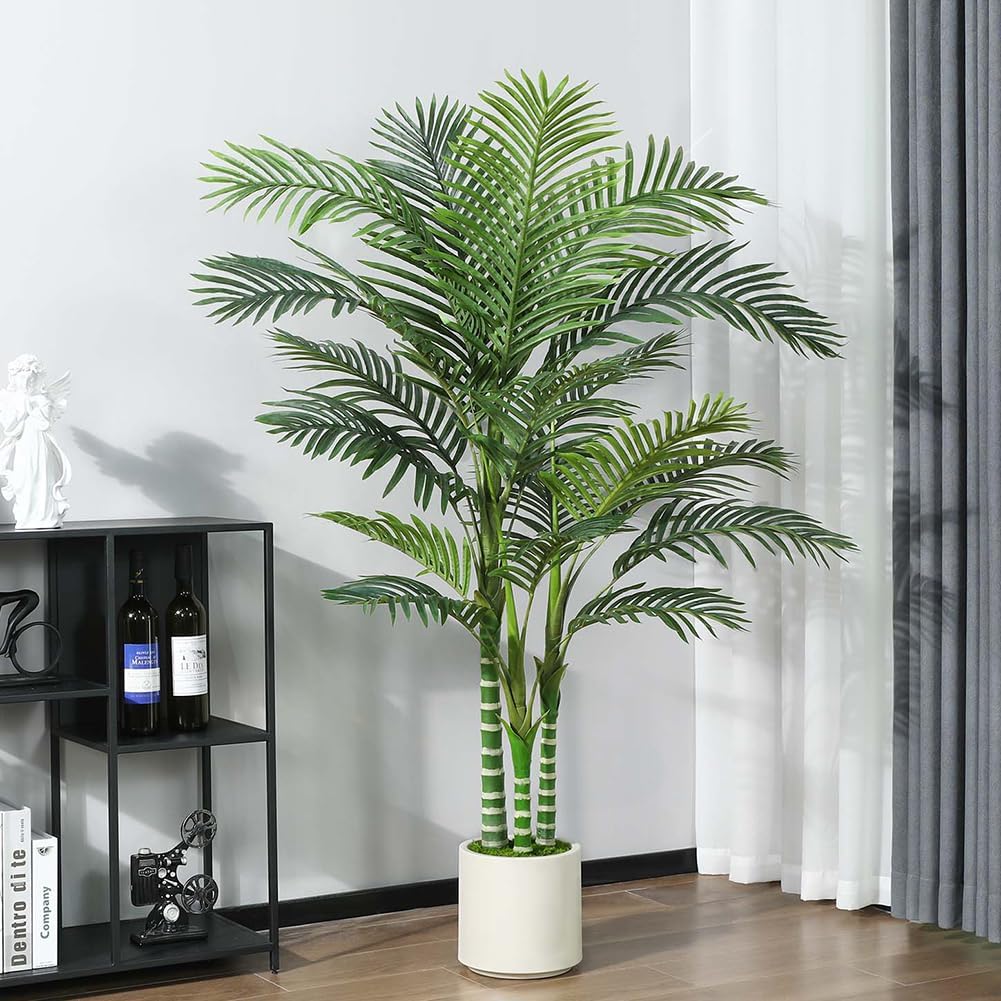 5FT Faux Golden Cane Palm Tree with White Planter and Fake Moss, Fake Tropical Plant for Home Decor Office Porch