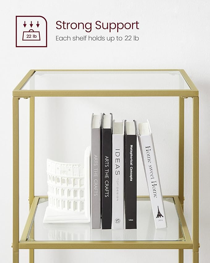 VASAGLE Bookcase, 6-Tier Bookshelf, Slim Shelving Unit for Bedroom, Bathroom, Home Office, Tempered Glass, Steel Frame, Metallic Gold ULGT500A01