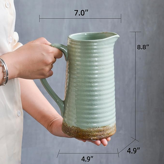 Quoowiit Ceramic Rustic Vase with Handle, Green Distressed Decorative Farmhouse Pitcher Vase for Home Decor Living Room Bedroom Kitchen Office Shelf Decor Centerpiece Table Decoration