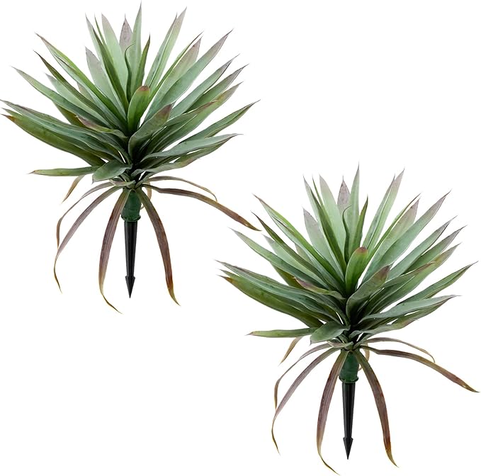 20" Tall Artificial Agave Plant with Ground Stakes Realistic Faux Agave for Indoor/Outdoor Home Decor (2 in 1)