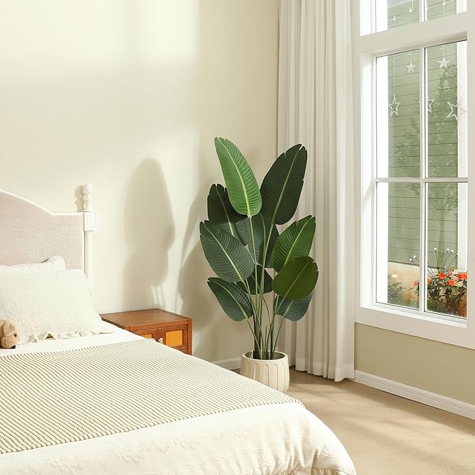 Artificial Bird of Paradise Plants 5Ft Fake Tropical Palm Tree with 10 Trunks in Pot and Woven Seagrass Belly Basket Perfect Faux Plant for Home Indoor Outdoor Office Modern Decor Green 2 set