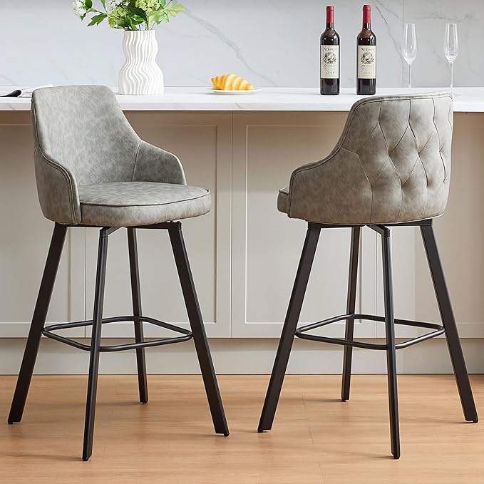 Bar Stools Set of 2, 30" Swivel Bar Height Bar stools with High Back, Faux Leather Kitchen Barstools Bar Height for Kitchen Island (Light Grey, 2PCS 30" Bar Stools)